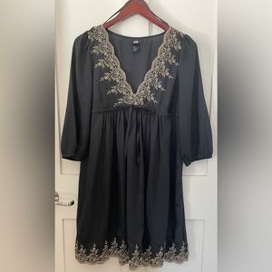 H&M Black V-Neck Dress with Gold Embroidered Detailing, Size 10